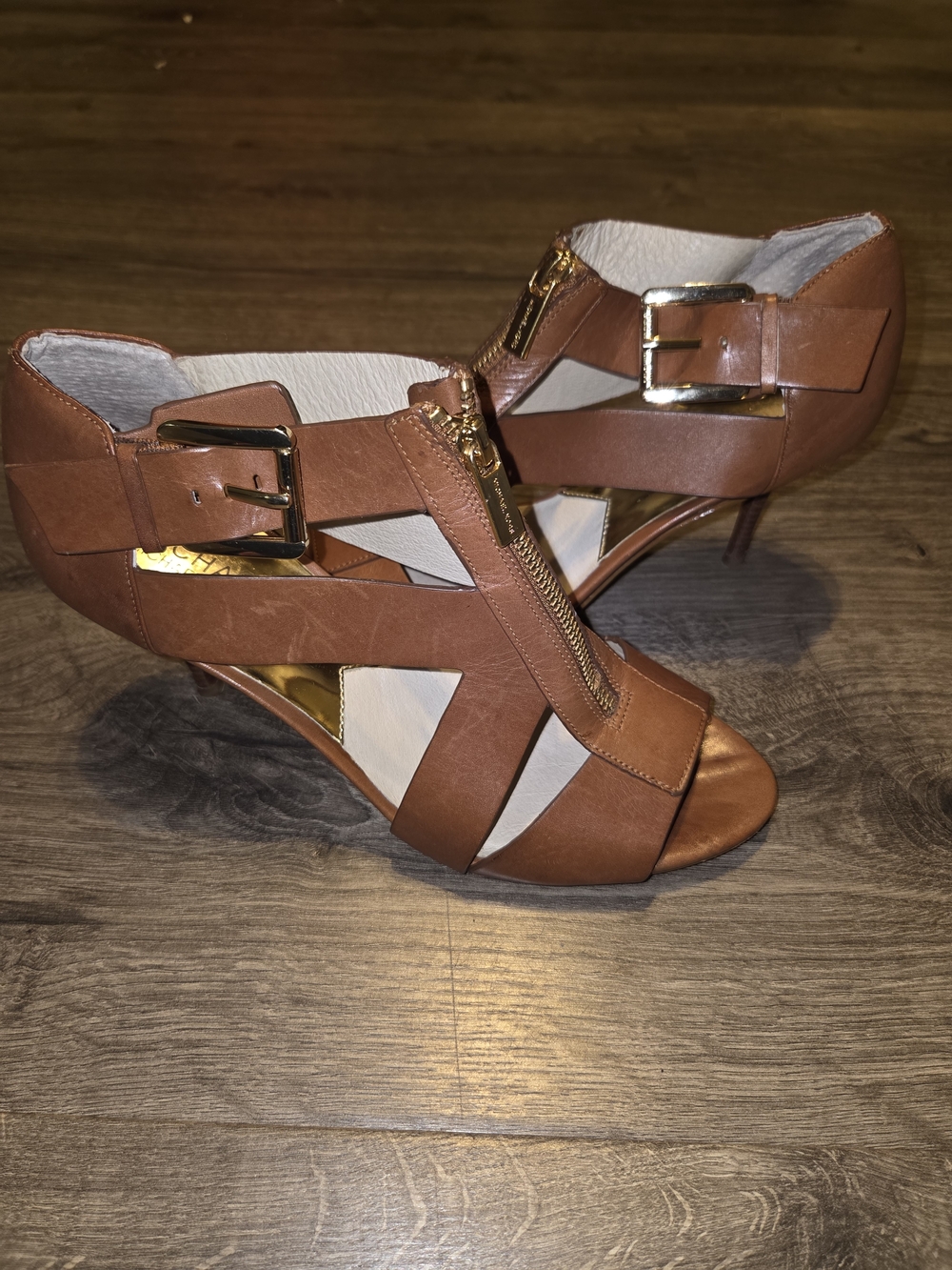Michael Kors Cognac Leather Cutout Heels with Front Zip